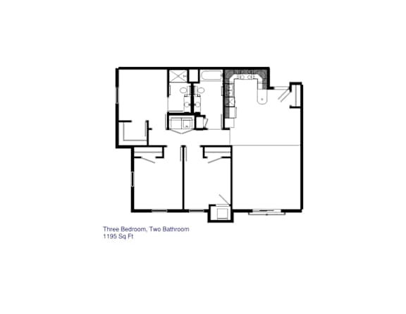Floor Plan  A black and white image of a floor plan for a 1195 square foot property with three bedrooms and two bathrooms.