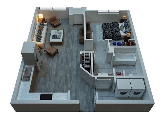 Floor Plan  A 3D floor plan of a house with a living room, kitchen, and bathroom.