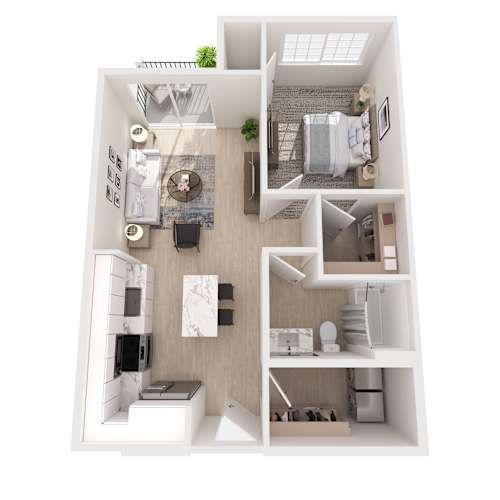 Floor Plan  A top-down view of a small apartment with a kitchen, living room, and bathroom.