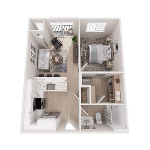 Floor Plan  A top-down view of a small apartment with a kitchen, living room, and bedroom.