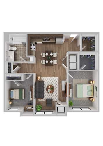 Floor Plan  A top-down view of a small apartment with a kitchen, living room, and bathroom.