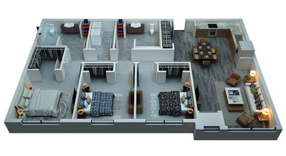 Floor Plan  A 3D rendered image of a house layout.
