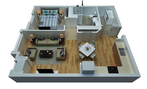 Floor Plan  A 3D rendered image of a modern house layout.