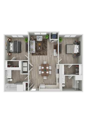 Floor Plan  A top-down view of a small apartment with a kitchen, living room, and bedroom.
