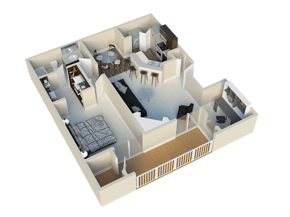 Floor Plan  A 3D image of a house layout with a living room, kitchen, dining room, and bedrooms.