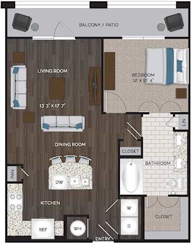 Floor Plan  A floor plan of an apartment with a living room, dining room, kitchen, bedroom, bathroom, and closet.