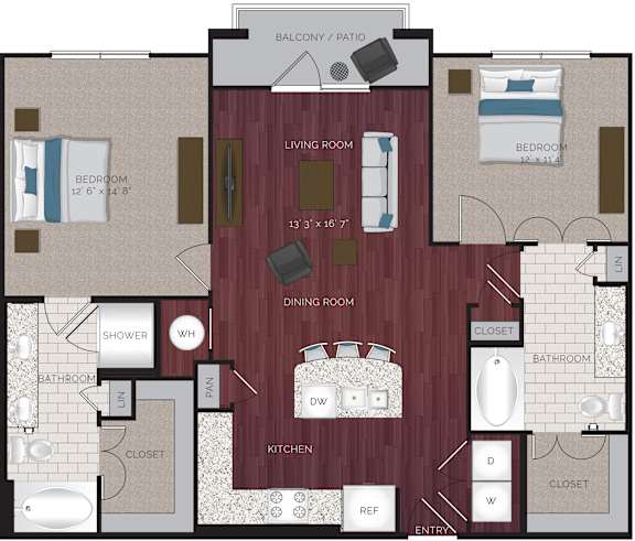 Floor Plan  A floor plan of an apartment with a living room, dining room, kitchen, and bedrooms.