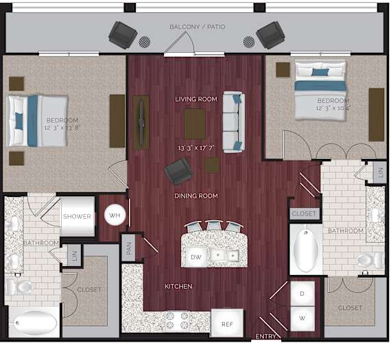 Floor Plan  A floor plan of an apartment with a living room, dining room, kitchen, and multiple bedrooms.