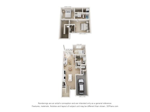 Floor Plan  3-bedroom, 2 1/2-bath apartment floorplan with two levels, a one-car attached garage, full bedroom and 1 1/2 baths on main level, and two additional full bedrooms and one bath on the top.