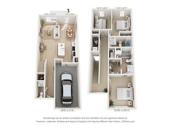 Floor Plan  3-bedroom, 2 1/2-bath apartment with two levels, an attached one-car garage plus open-concept kitchen and dining space plus 1/2 bath on first level, and two full beds and baths on top level.
