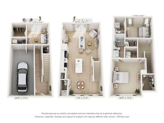 Floor Plan  2-bedroom, 2 1/2-bath apartment floorplan with three levels, an attached 1 car garage on the 1st level accompanied by a flex living space, open-concept kitchen and living space on the main floor, and two full beds and baths on the top floor.