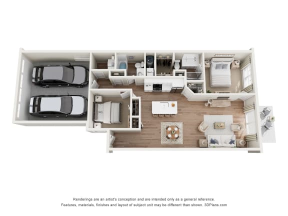 Floor Plan  a stylized 3d floor plan of a house with a garage and a car