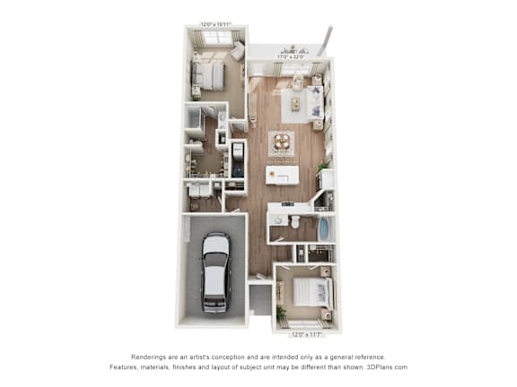 Floor Plan  A floor plan of a two-bedroom apartment with a kitchen, living room, and bathroom.
