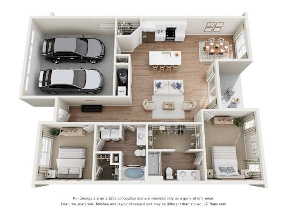 Floor Plan  A 3D floor plan of a house with a kitchen, living room, dining room, and two bedrooms.