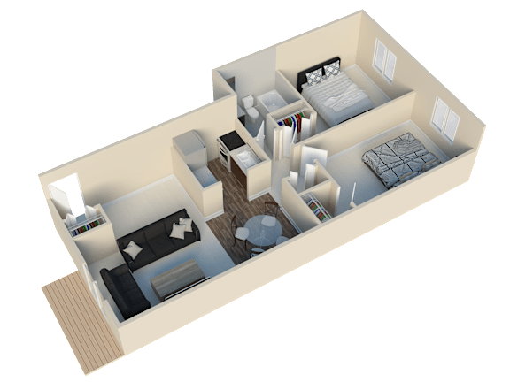 Floor Plan  A 3D rendered image of a house layout.