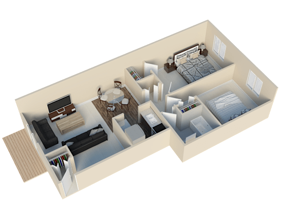 Floor Plan  A 3D image of a house layout with a living room, kitchen, and bedrooms.