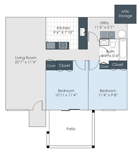 Floor Plan  A floor plan of a small apartment with a living room, kitchen, two bedrooms, and a bathroom.