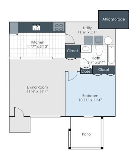 Floor Plan  A floor plan of a small apartment with a kitchen, living room, bedroom, and bathroom.