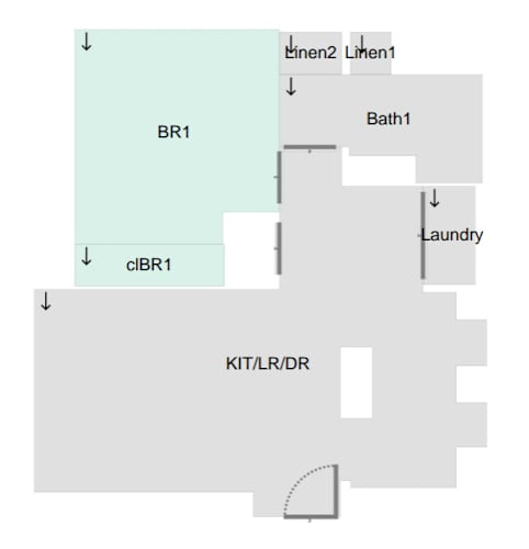Floor Plan  A diagram shows a laundry room with a bathroom and a kitchen/living room/dining room.