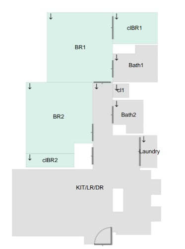 Floor Plan  A diagram shows a laundry room connected to two bathrooms and two bedrooms.