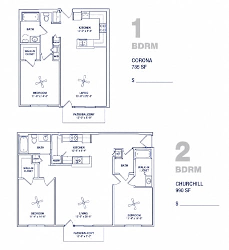 Floor Plan  Two floor plans for a 785 square foot and a 990 square foot home.