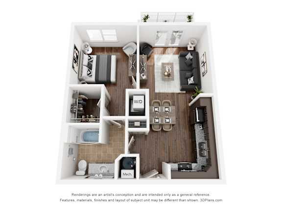 Floor Plan  A 3D floor plan of a small apartment with a kitchen, living room, and bathroom.