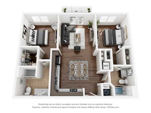 Floor Plan  A 3D floor plan of a house with a kitchen, living room, and bedrooms.
