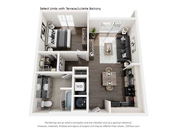 Floor Plan  A floor plan of a unit with a terrace and juliette balcony.