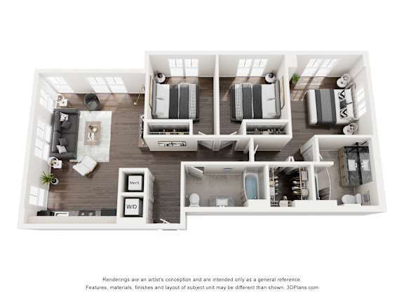 Floor Plan  A 3D floor plan of a house with a kitchen, living room, and bedrooms.