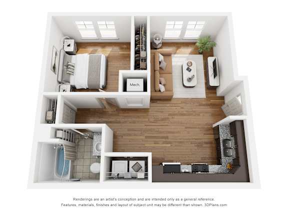 Floor Plan  A 3D floor plan of a modern apartment with a kitchen, living room, and bathroom.