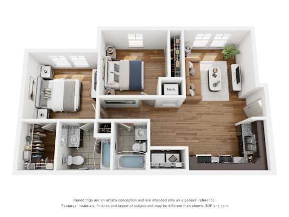 Floor Plan  A 3D floor plan of a small apartment with a kitchen, living room, and bathroom.