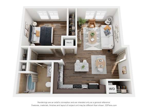 Floor Plan  a 1 bedroom floorplan is shown in this rendering