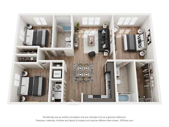 Floor Plan  A 3D floor plan of a house with multiple rooms and furniture.