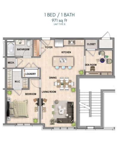 Floor Plan  a floor plan of a 1 bed 1 bath apartment