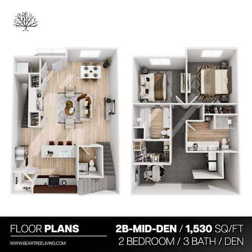 Floor Plan  A floor plan of a 2B-MID-DEN with 1,530 square feet, featuring two bedrooms, three bathrooms, and a den.