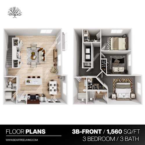 Floor Plan  A floor plan for a 3B-FRONT, 1,560 square foot home with three bedrooms and three bathrooms.