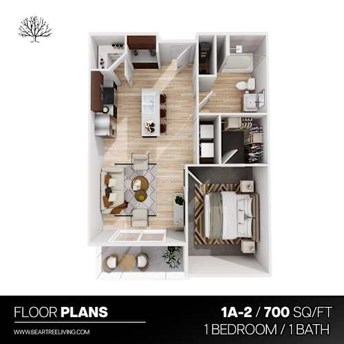 Floor Plan  A floor plan of a 700 square foot 1 bedroom and 1 bathroom home.