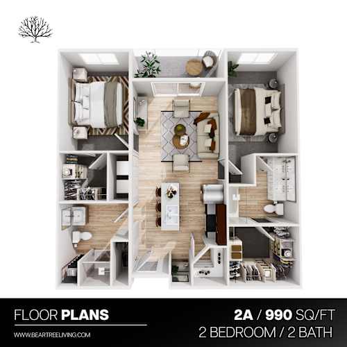 Floor Plan  A floor plan of a 2 bedroom, 2 bath apartment.