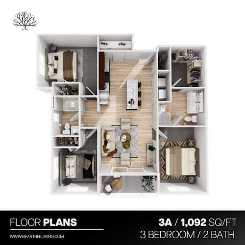 Floor Plan  A floor plan of a 3 bedroom, 2 bathroom apartment.