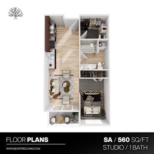 Floor Plan  A floor plan for a studio apartment with one bathroom is displayed.