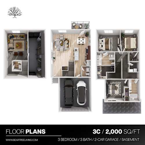 Floor Plan  A set of four floor plans for a 3 bedroom, 3 bathroom home with a 2 car garage and basement.