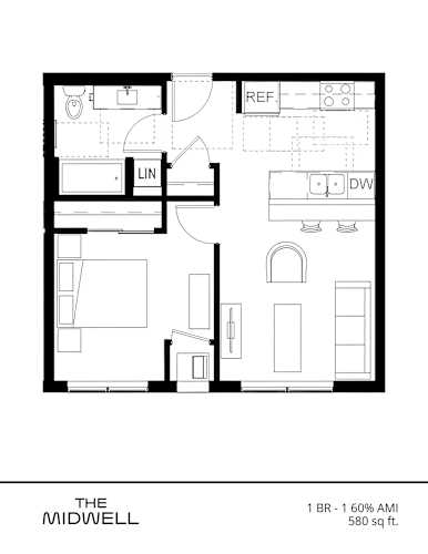 Floor Plan  A black and white floor plan of a 580 square foot 1 bedroom, 1 bathroom apartment.
