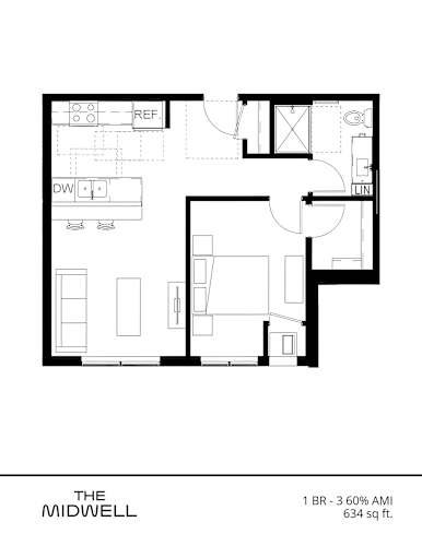 Floor Plan  A black and white drawing of a floor plan for a 1 bedroom, 360 square foot apartment.