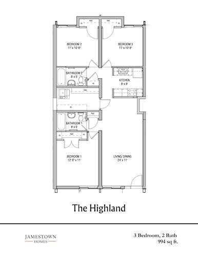 Floor Plan  A floor plan for a 3 bedroom, 2 bath home by Jamestown Homes.