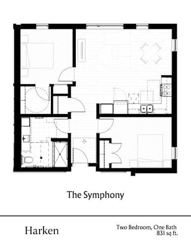Floor Plan  A black and white image of a floor plan for a two bedroom, one bathroom apartment.
