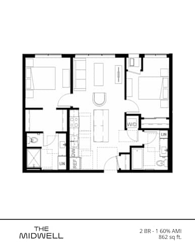 Floor Plan  A black and white image of a floor plan for a mid-sized apartment.