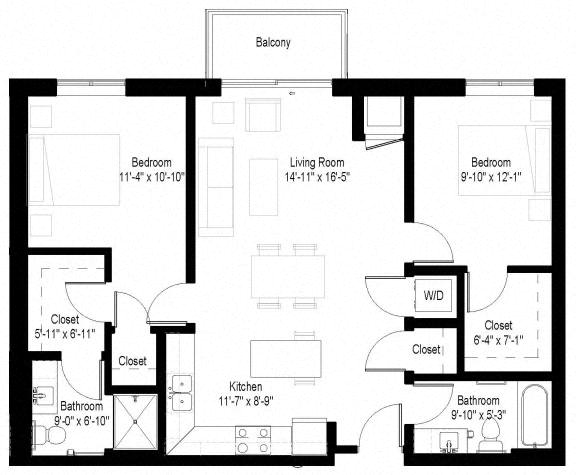 Floor Plan  A black and white image of a house floor plan with a balcony.