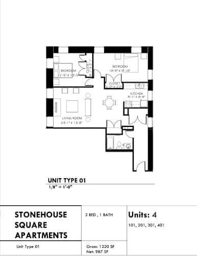 Floor Plan  A black and white diagram of a stonehouse square apartment with a living room, two bedrooms, a kitchen, and a bathroom.