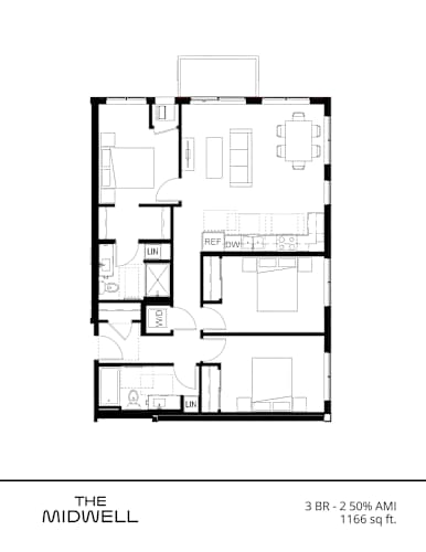 Floor Plan  A floor plan of a 3 bedroom, 2 bathroom apartment.