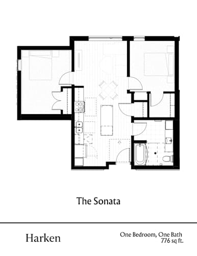 Floor Plan  A floor plan of a one bedroom, one bath house called The Sonata.